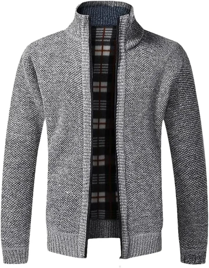 

Мужской зимний толстый кардиган свободного кроя с длинными рукавами и воротником стойкой на молнии