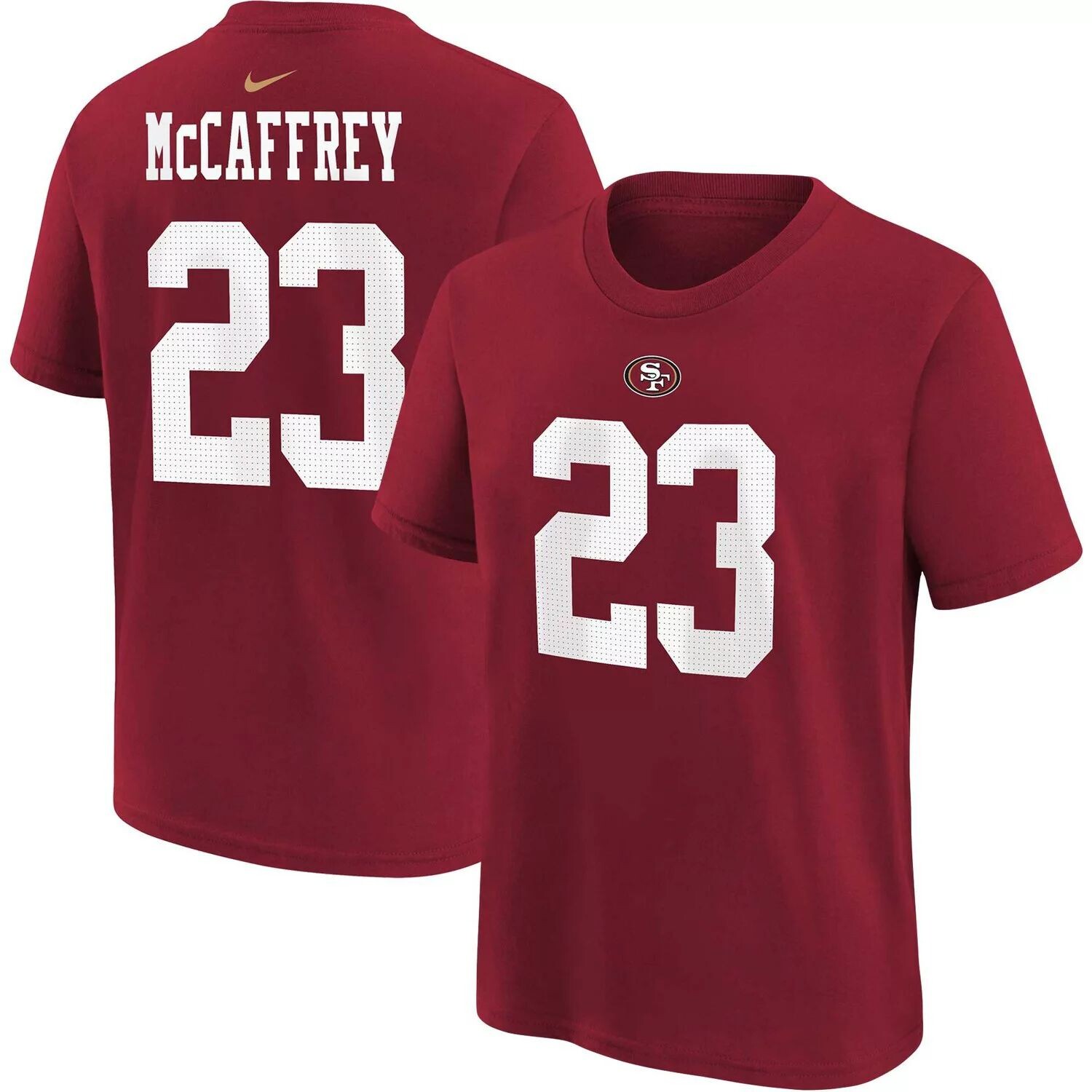 Молодежная футболка Nike Christian McCaffrey Scarlet San Francisco 49ers с именем и номером игрока Nike