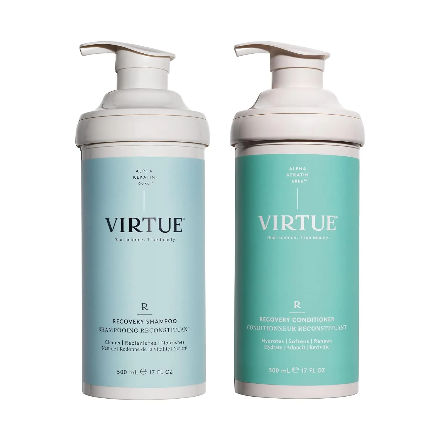 Набор шампуня и кондиционера Virtue Recovery без сульфатов с кератином увлажняет, смягчает и восстанавливает поврежденные волосы, безопасен для окрашенных волос.