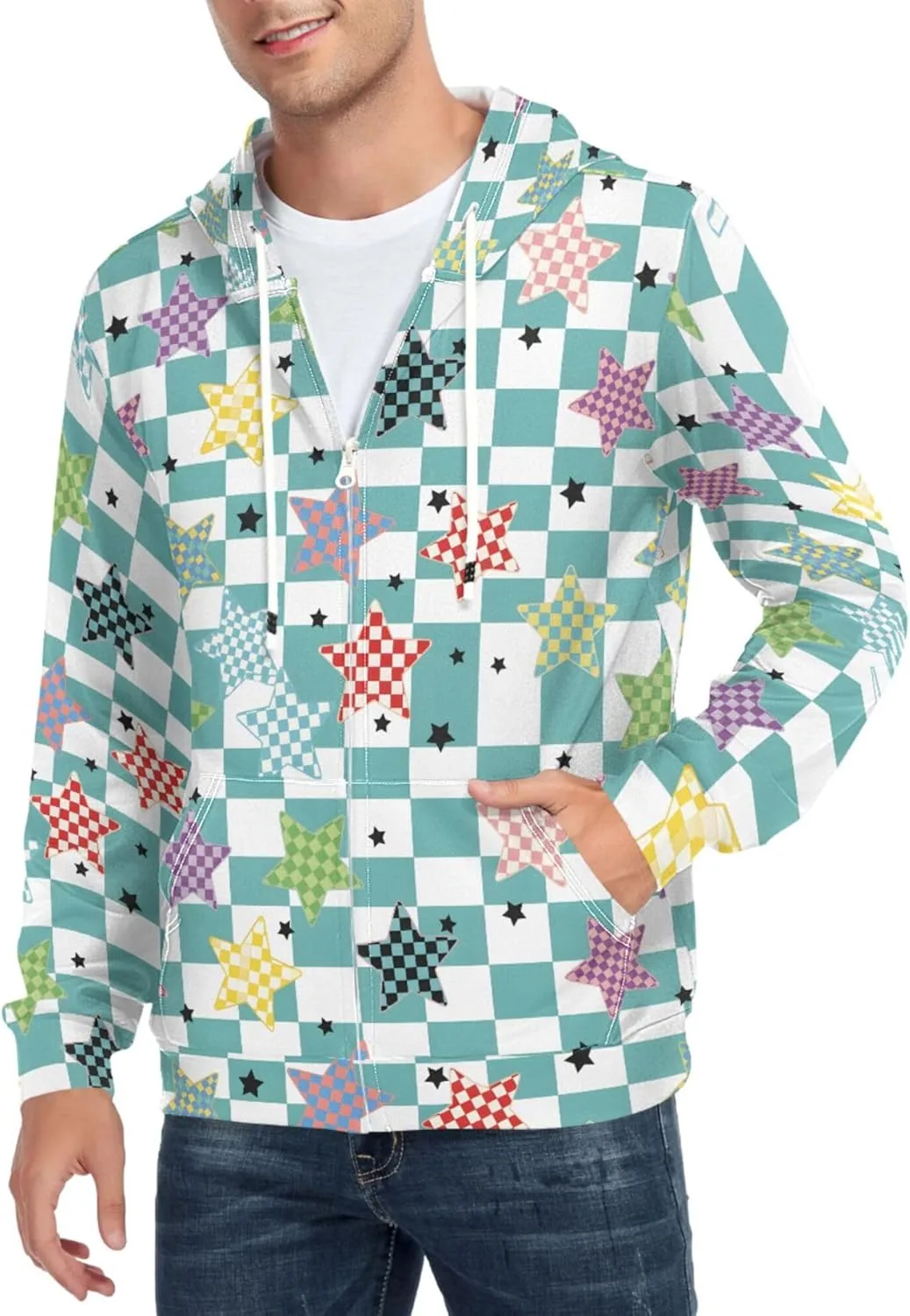 

Мужская худи на молнии в клетку со звездами, с длинными рукавами и карманом CUPADA