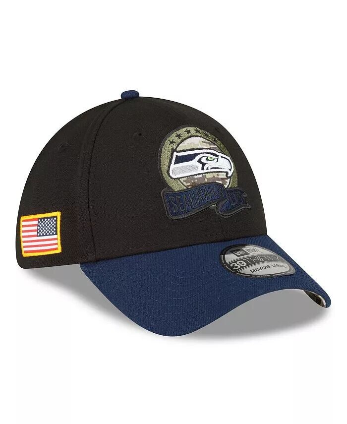 

Мужская черная, темно-синяя шляпа Seattle Seahawks 2022 Salute To Service 39THIRTY Flex Hat New Era, синий