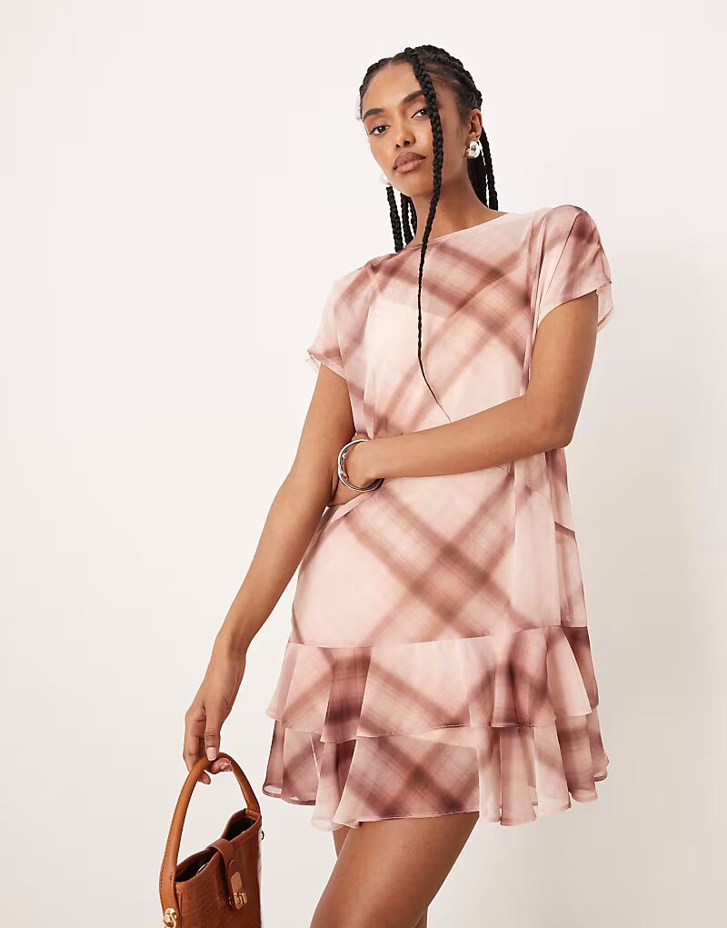 

Мини-платье без рукавов ASOS DESIGN с оборками в розовую клетку