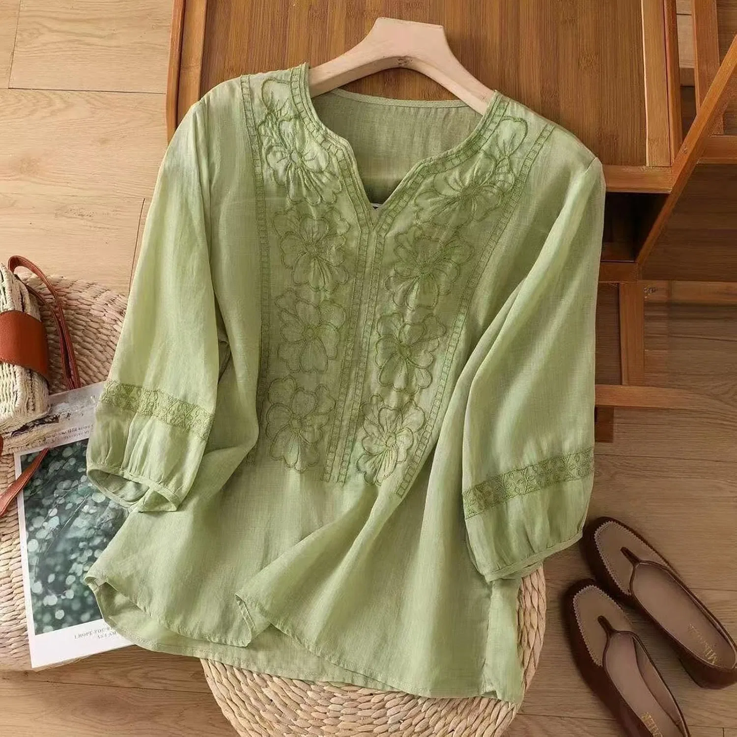 Блуза женская из льна Womens linen Shirts, зеленый — фото 3