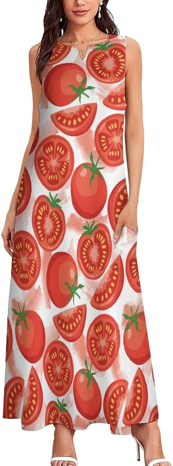 Платье Cute Tomatos Женские платья Длина до щиколотки Комбинация Летнее платье Рабочее платье V-образный вырез Макси-юбка Праздничное