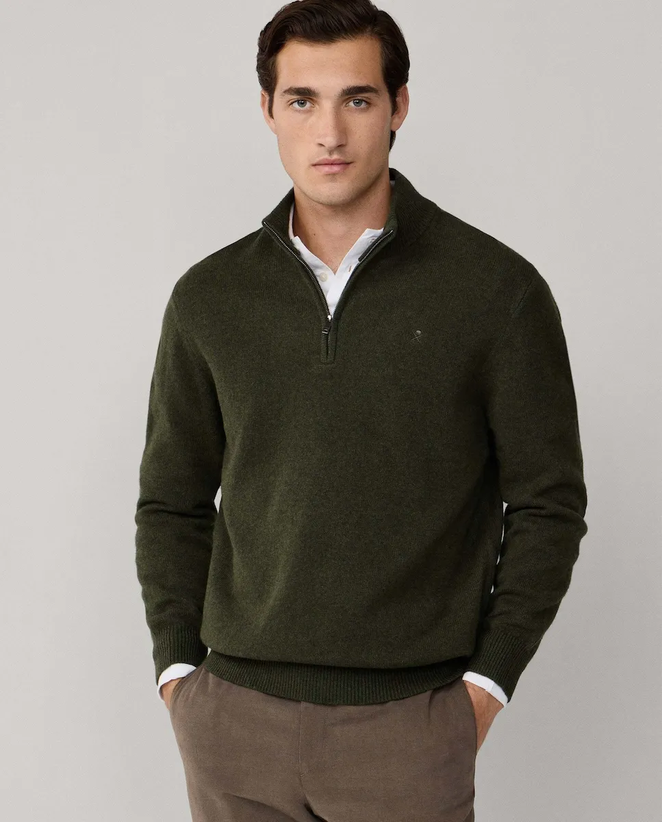 

Мужской свитер из шерсти ягненка с четвертной застежкой-молнией Hackett, военный зеленый