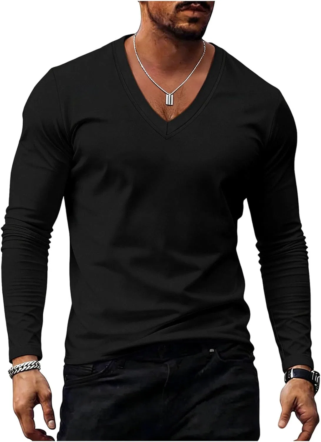 Футболка с длинным рукавом V-образным вырезом, черная