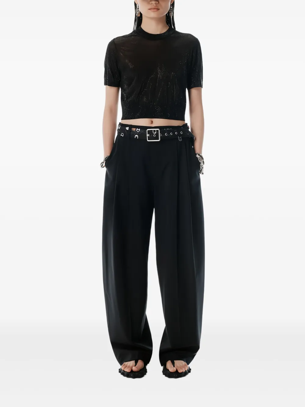 Укороченный топ с короткими рукавами Alexander Wang, черный — фото 2
