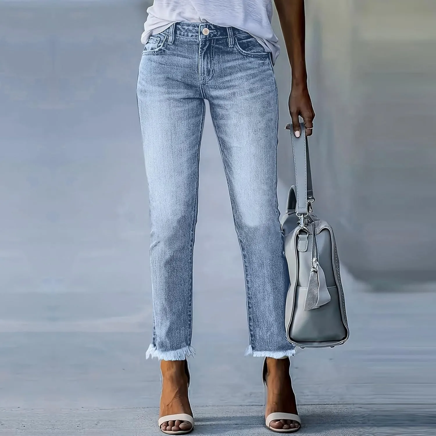 Прямые джинсы для женщин High Waist Slim Fit Boyfriend с карманами — фото 4