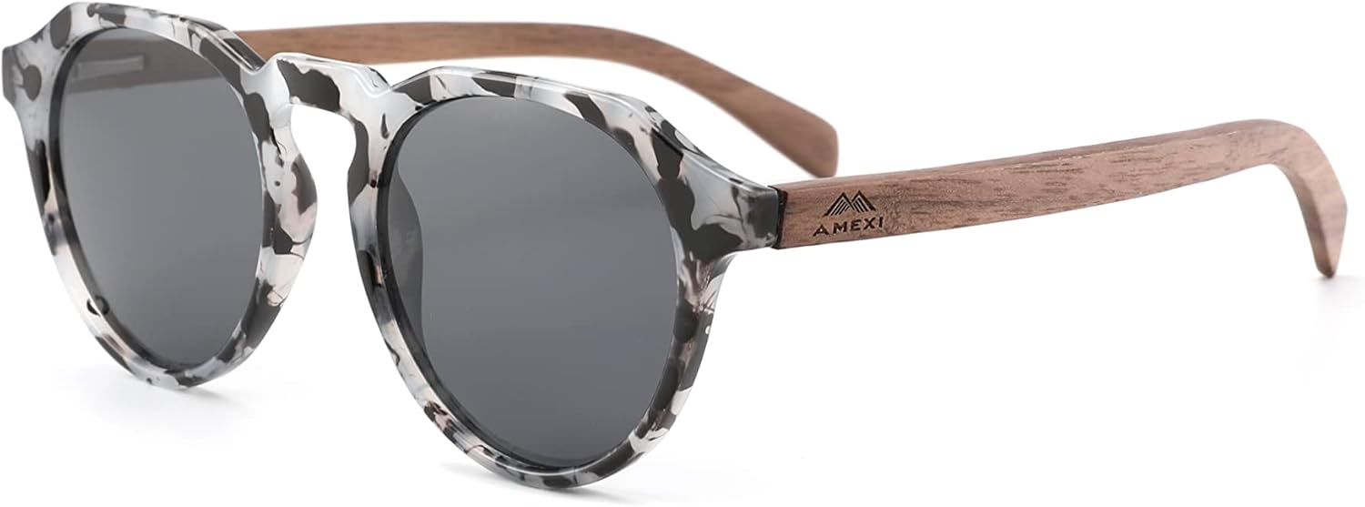 

Поляризованные солнцезащитные очки из дерева для мужчин: легкие очки в деревянной оправе и линзы с антибликовым покрытием UV400 - 98% защита от UVA/UVB-лучей - идеально подходят для путешествий, пляжа и вождения AMEXI, Black