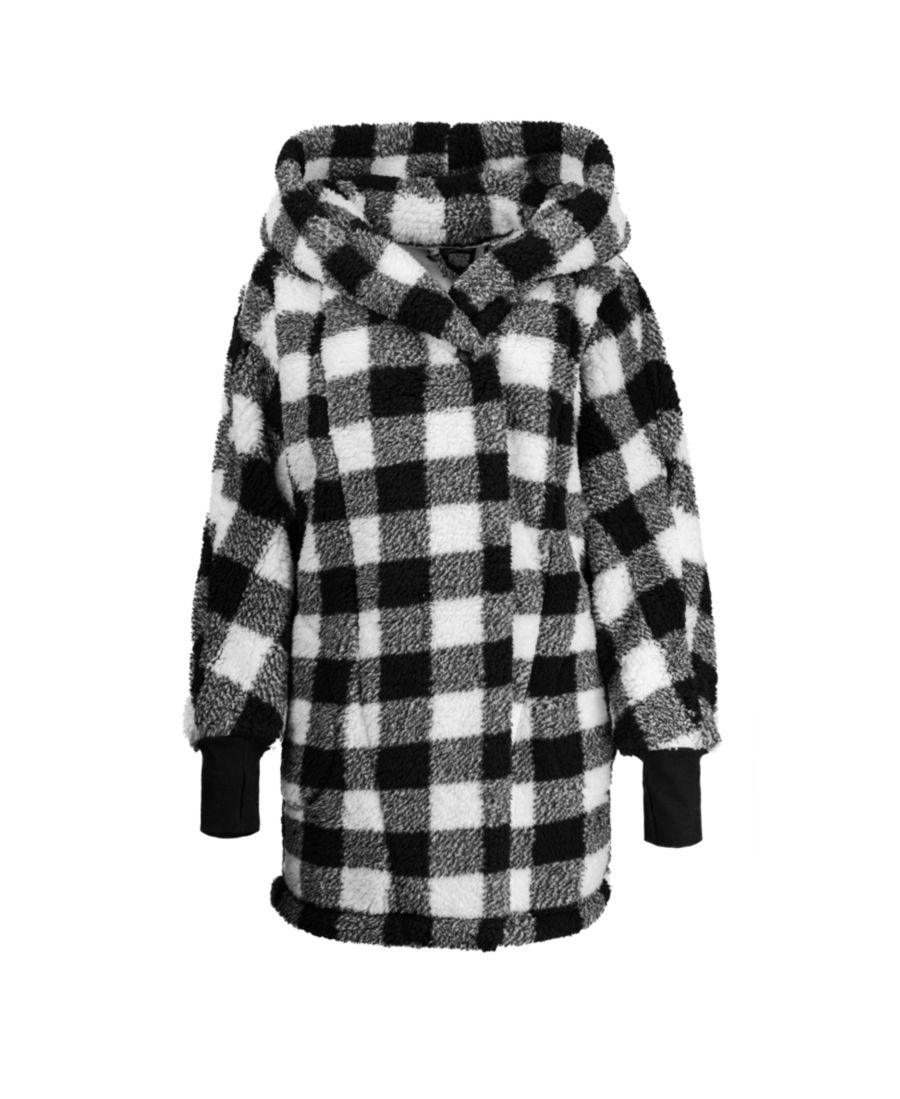

Домашняя куртка с капюшоном из искусственного меха с узором и застежкой на пуговицы By JILL MARTIN, Black Plaid