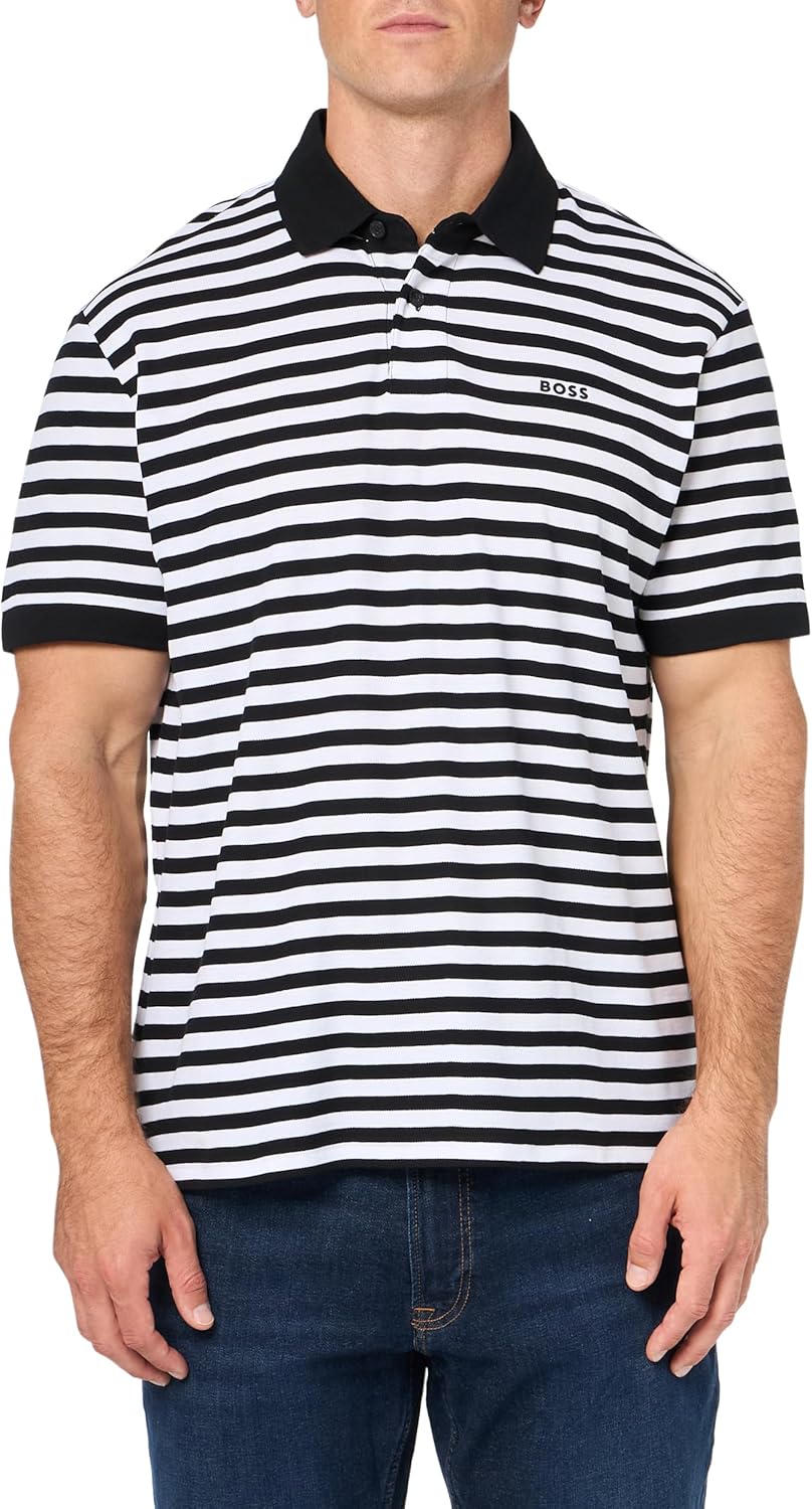 

BOSS Мужская поло с принтом из хлопка с коротким рукавом, Black Stripe, Черный, BOSS Мужская поло с принтом из хлопка с коротким рукавом, Black Stripe