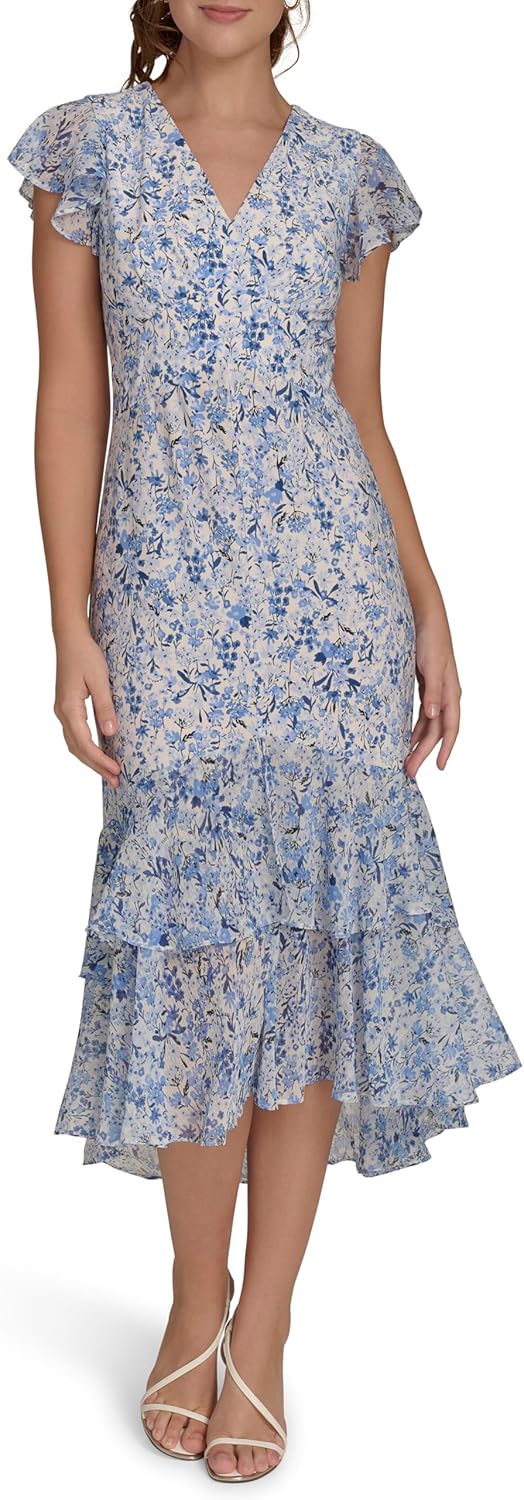 

Женское шифоновое платье Tommy Hilfiger Hi Lo с рукавами-крылышками, V-образным вырезом и оборками, French Blue Multi