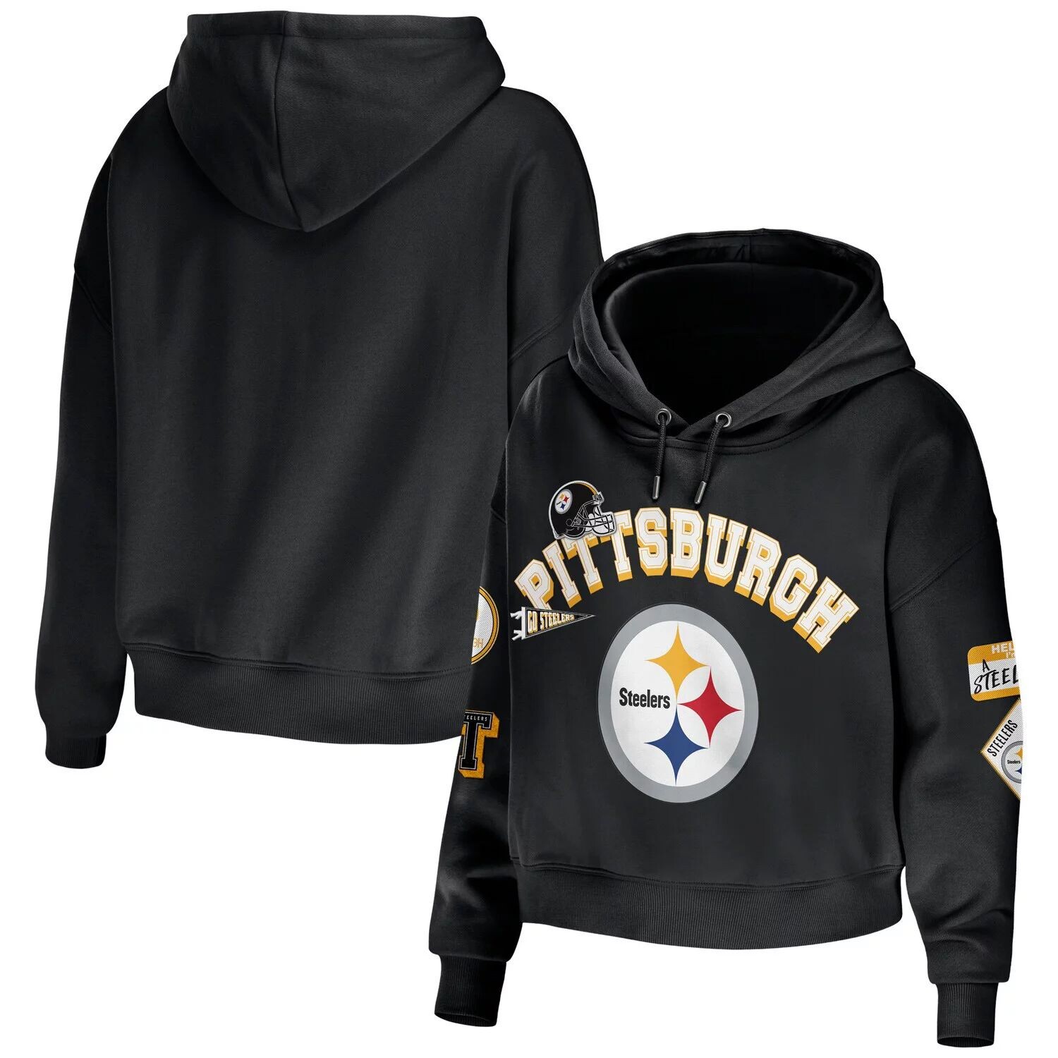 

Женская WEAR by Erin Andrews Черный укороченный пуловер с капюшоном Pittsburgh Steelers больших размеров