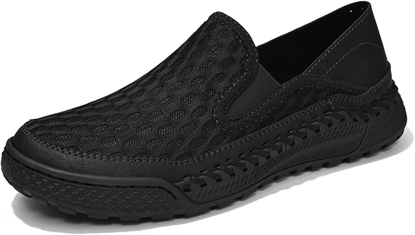 

Мужские дышащие с сеткой мокасины с ручной строчкой, удобные с широким круглым носком, без шнурков, с мягкой подошвой, спортивные легкие нескользящие прогулочные ботинки для улицы и катания на лодке Nouriron, черный