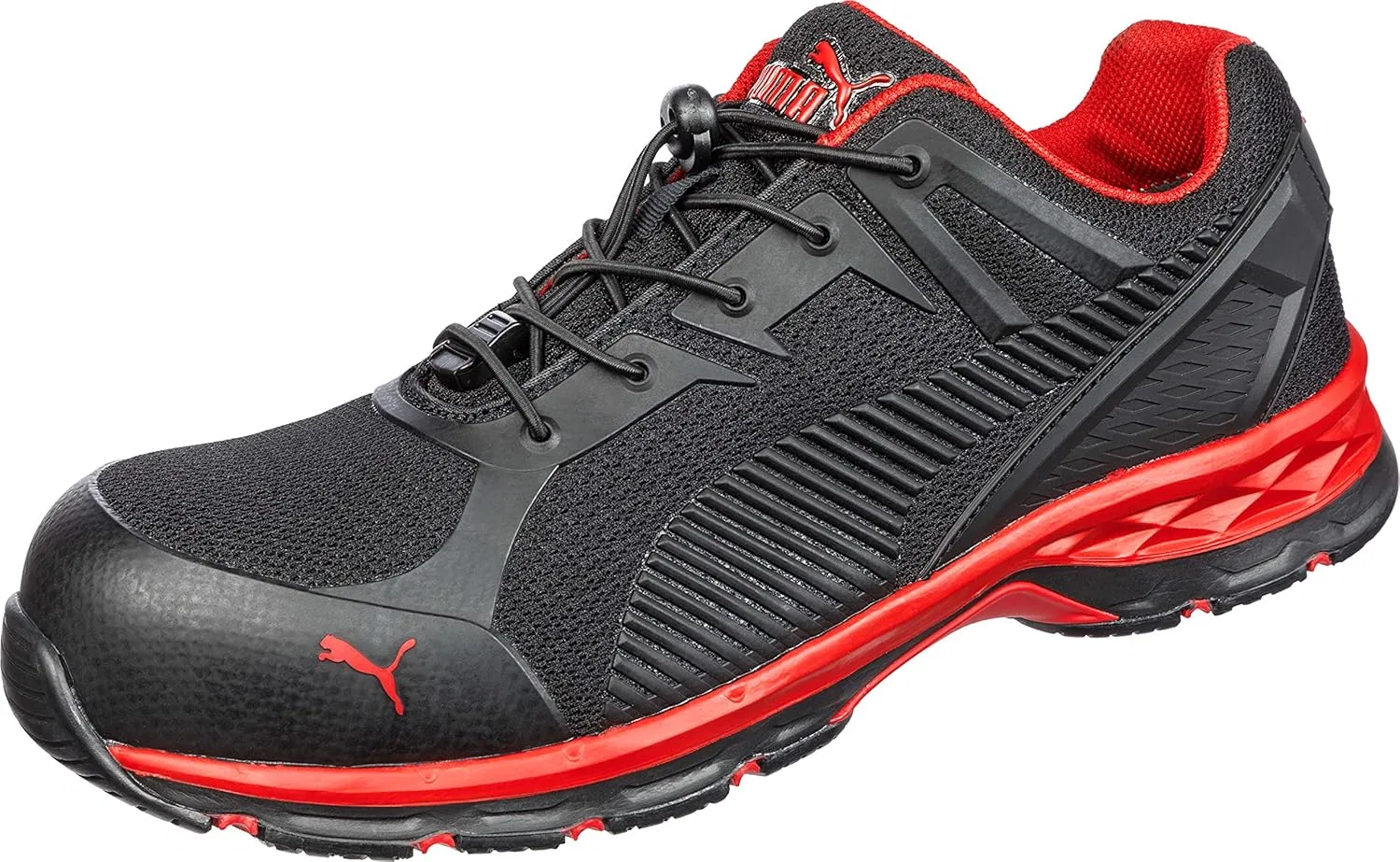 Кроссовки PUMA Safety Fuse Motion 2.0 Green Low Work Shoe Safety Shoe S1P ESD HRO SRC имеют защитный колпачок из стекловолокна, обеспечивают термозащиту, защиту, не содержат металла, подходят для веганов, мужского пола, черный/красный