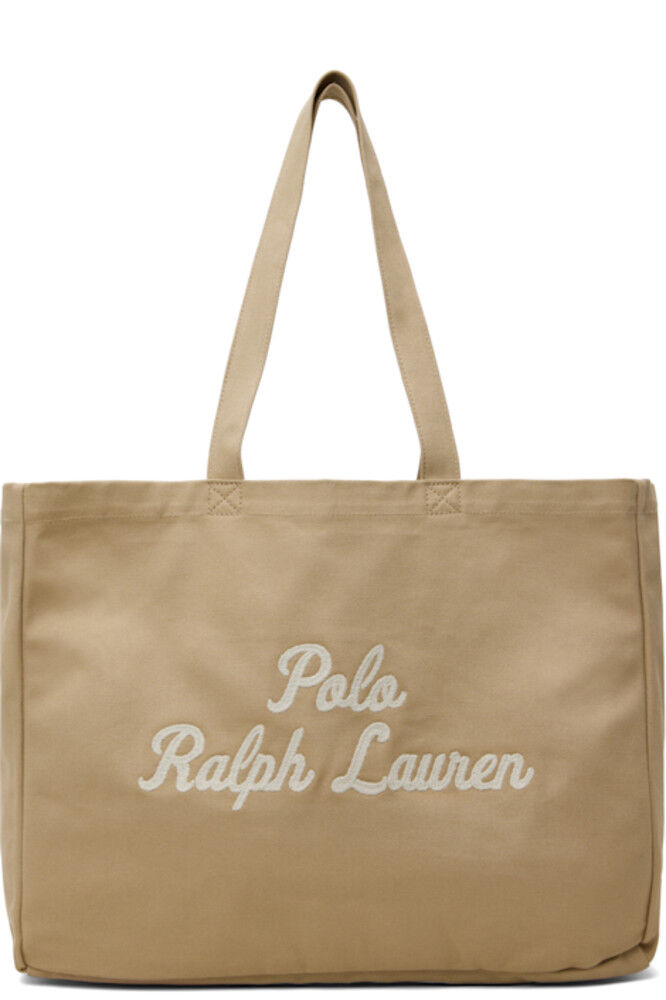

Бежевая вышитая холщовая сумка-тоут Polo Ralph Lauren
