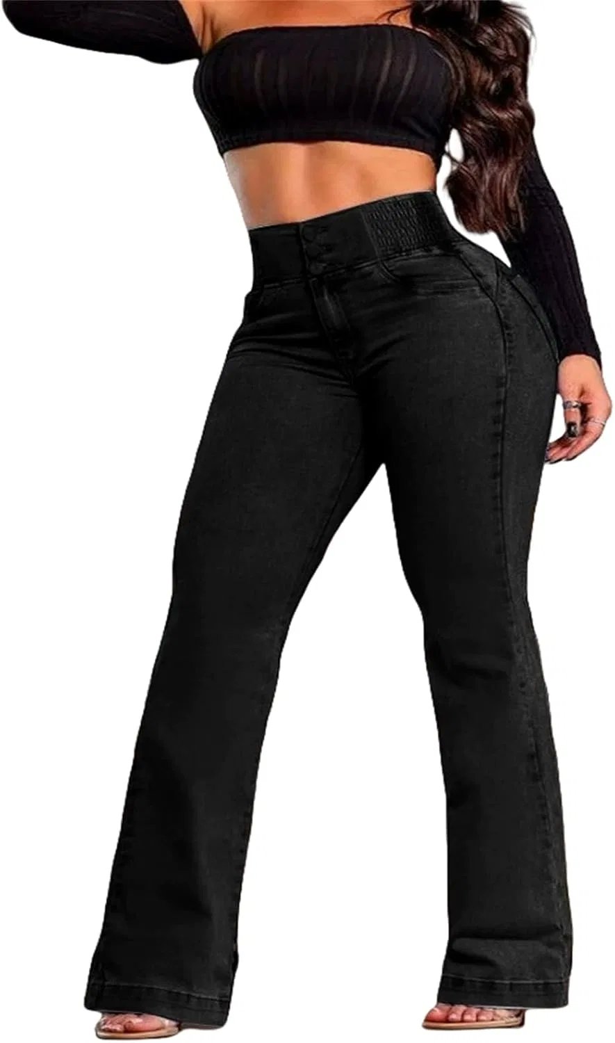 Джинсы клеш Women's Smocked High Rise Bootcut Jeans, Black