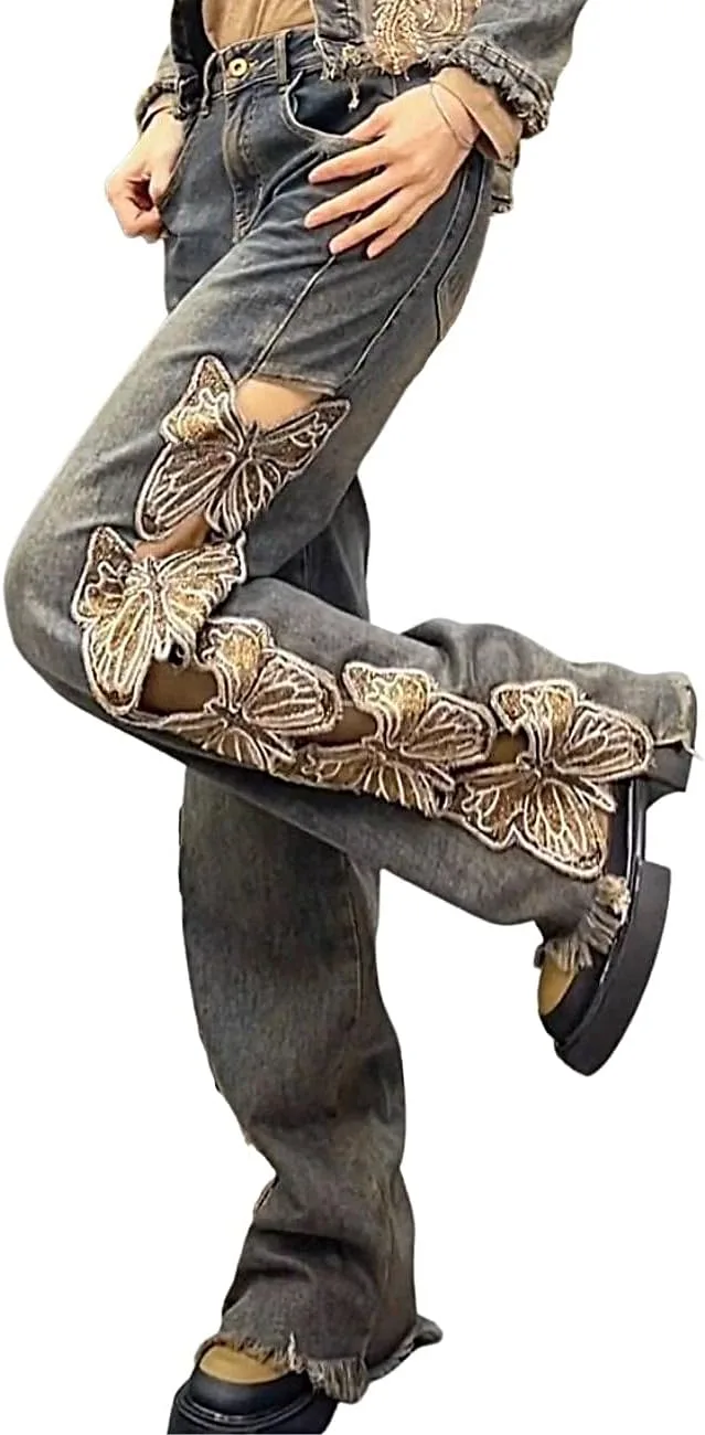 

Джинсы Hopecn Y2K с бабочками, высокие, мешковатые, прямые HOPECK