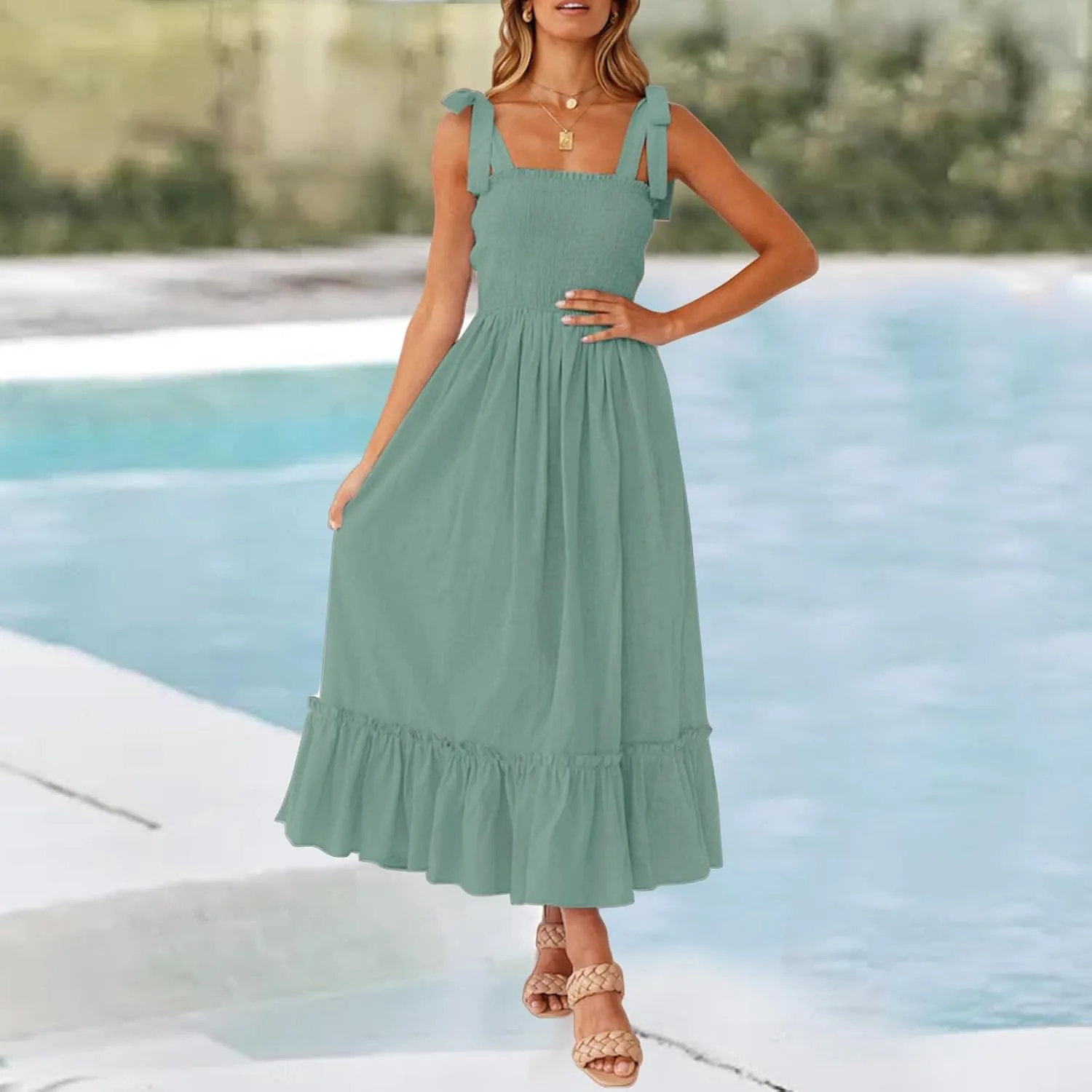 Летние платья для женщин: платье-макси на тонких бретелях с квадратным вырезом, однотонное, с оборками, А-силуэта, в стиле бохо, пляжное платье Generic, зеленый — фото 2