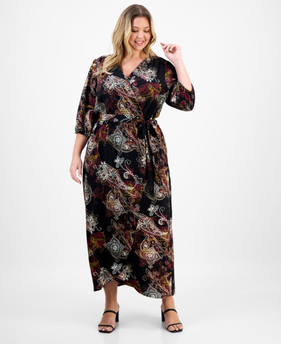 

Платье большого размера из тканого материала с длинными рукавами и поясом на талии Connected, Brd