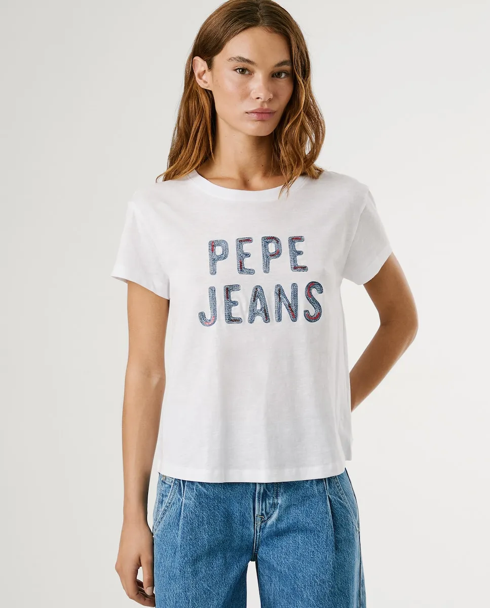 

Женская футболка с коротким рукавом и логотипом из пайеток Pepe Jeans, белый