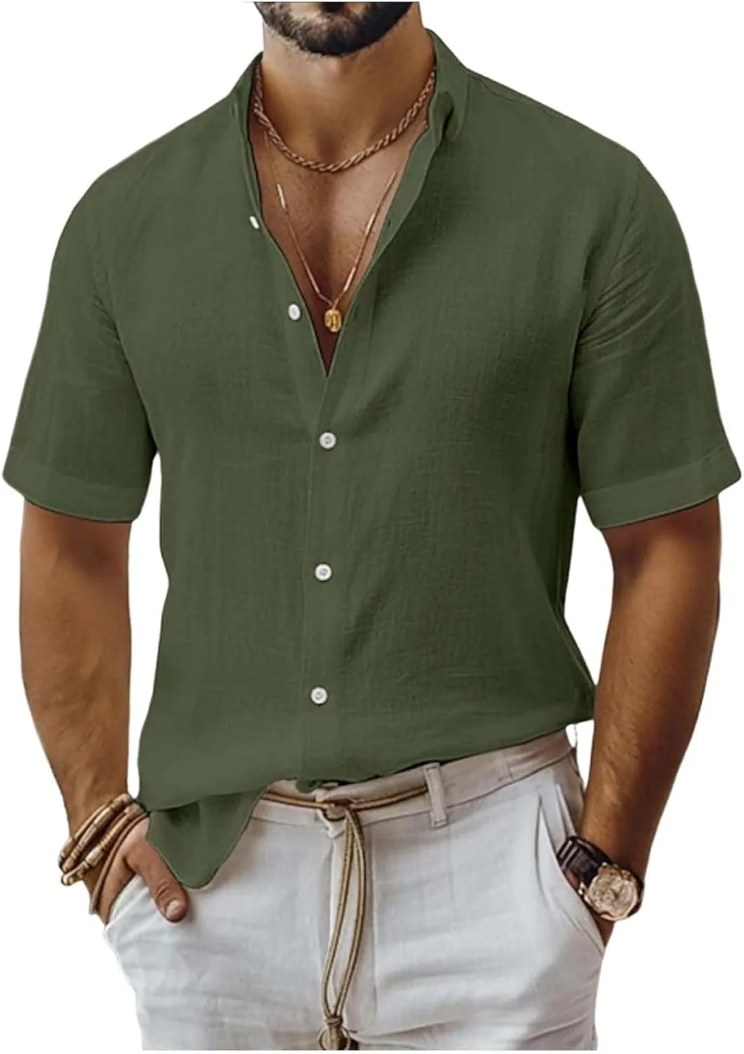 

Мужская льняная рубашка с коротким рукавом и отложным воротником Blczomt