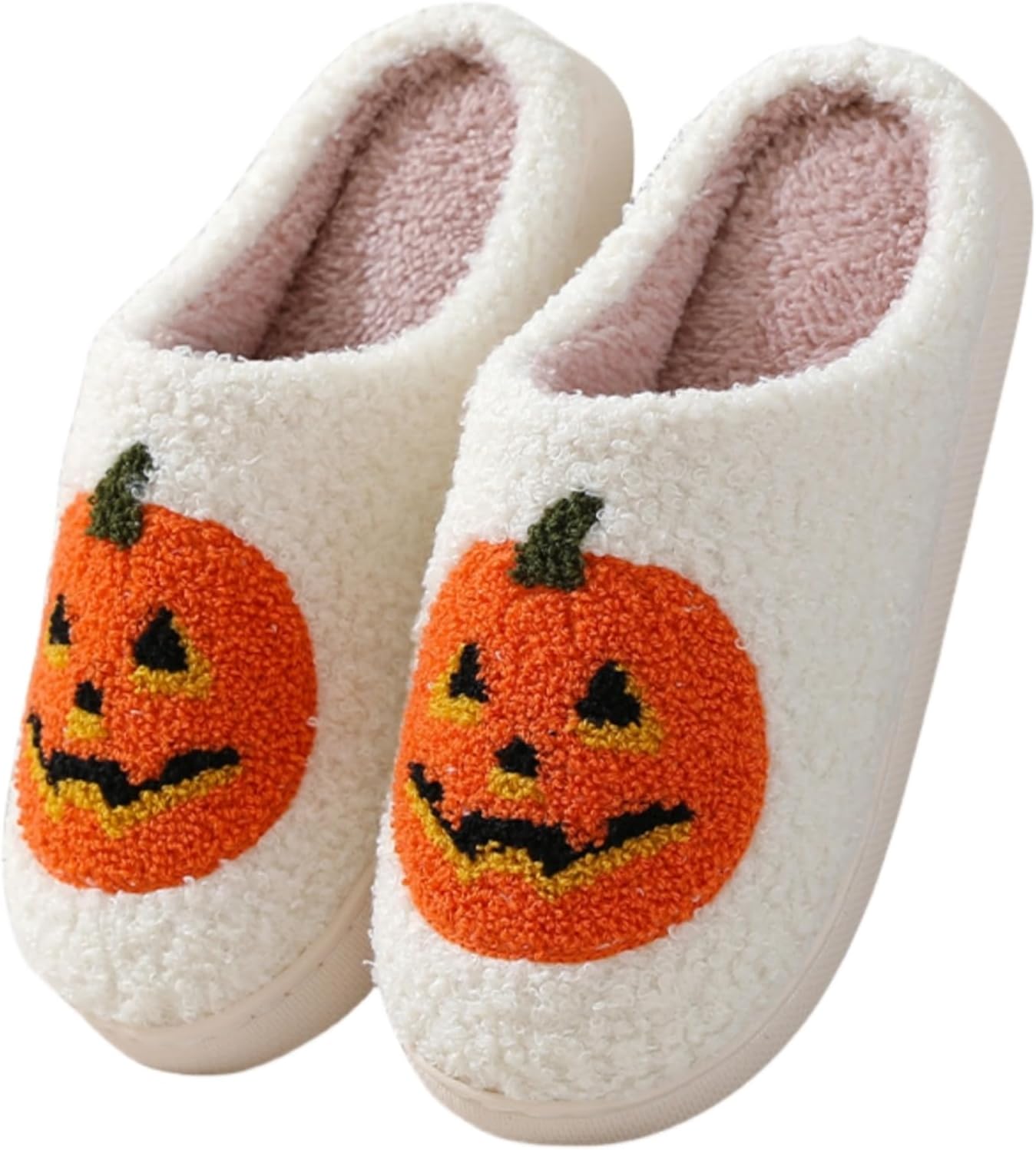 

Тапочки FAYUEKEY с изображением страшных тыкв для женщин и мужчин, домашние тапочки с эффектом памяти, пушистые, на Хэллоуин, для спальни, белый