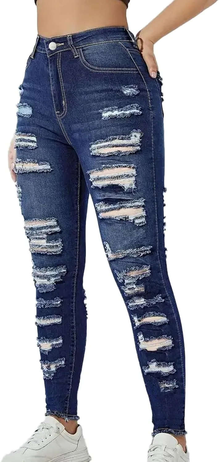 Женские джинсы GPCHAN High Waist Plus Size Destroyed скинни — фото 4