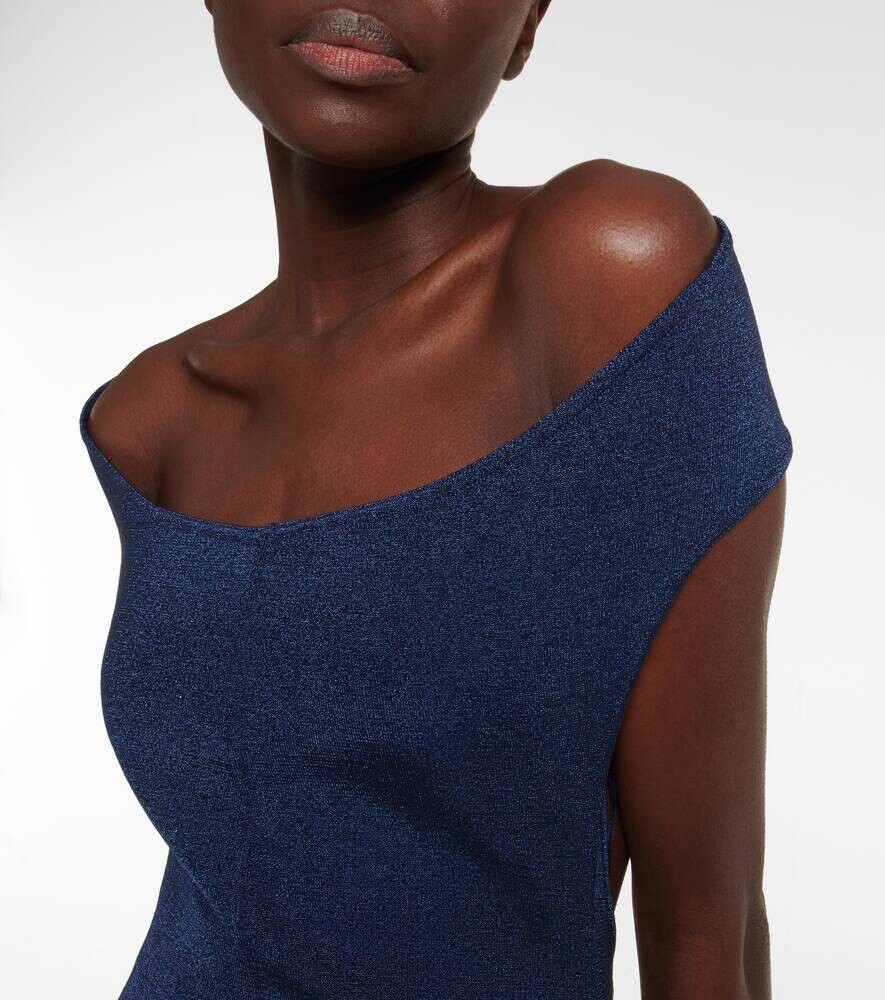 Платье с открытыми плечами из смесовой шерсти с люрексом® ALAÏA, синий — фото 4