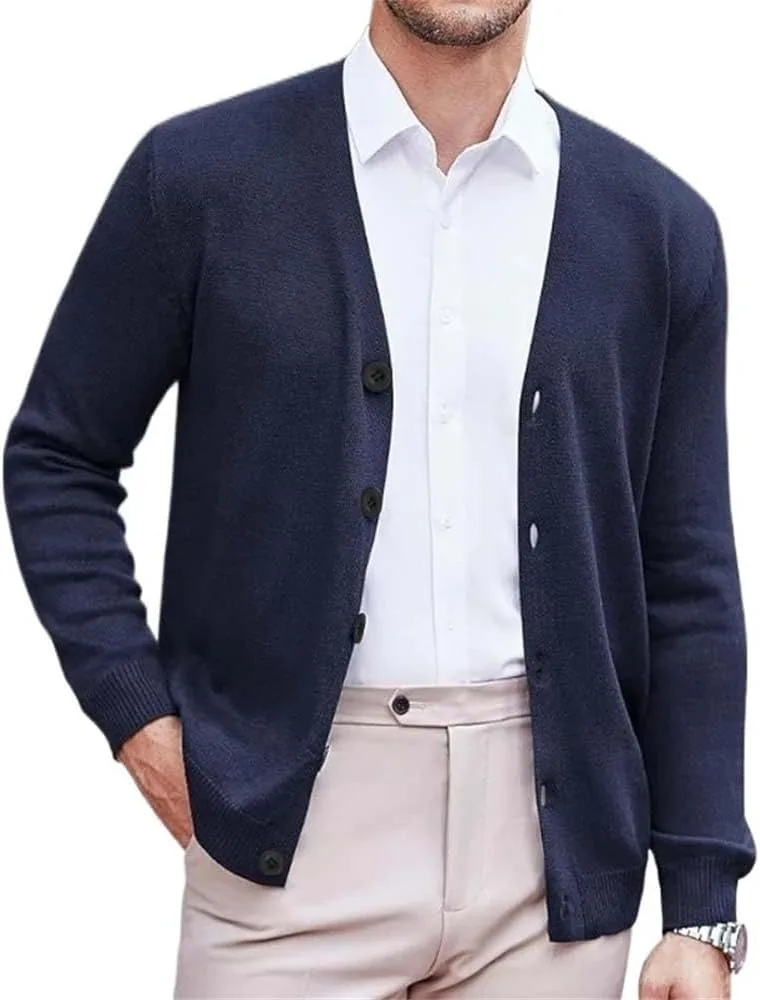 Мужской кардиган V-образным вырезом на пуговицах, slim fit, мягкий, с длинными рукавами — фото 4