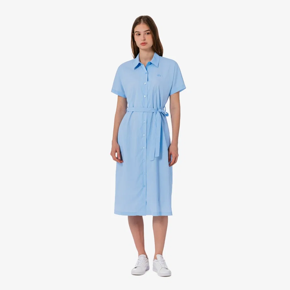 Платье-рубашка Lacoste миди с поясом, серо-голубое — фото 4