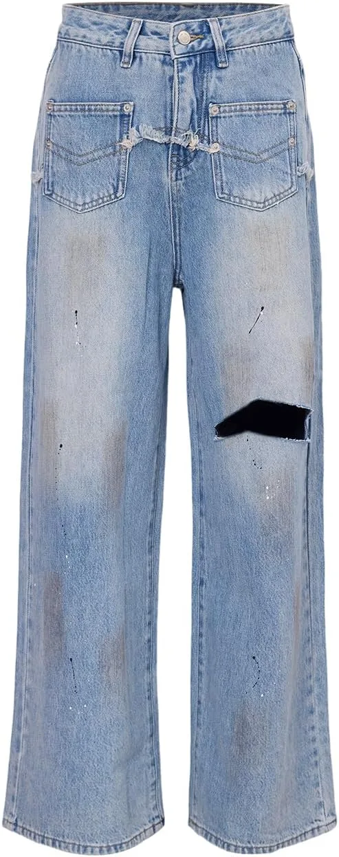 Широкие джинсы с высокой талией, рваные и потертые, светлый синий, Y2K Streetwear