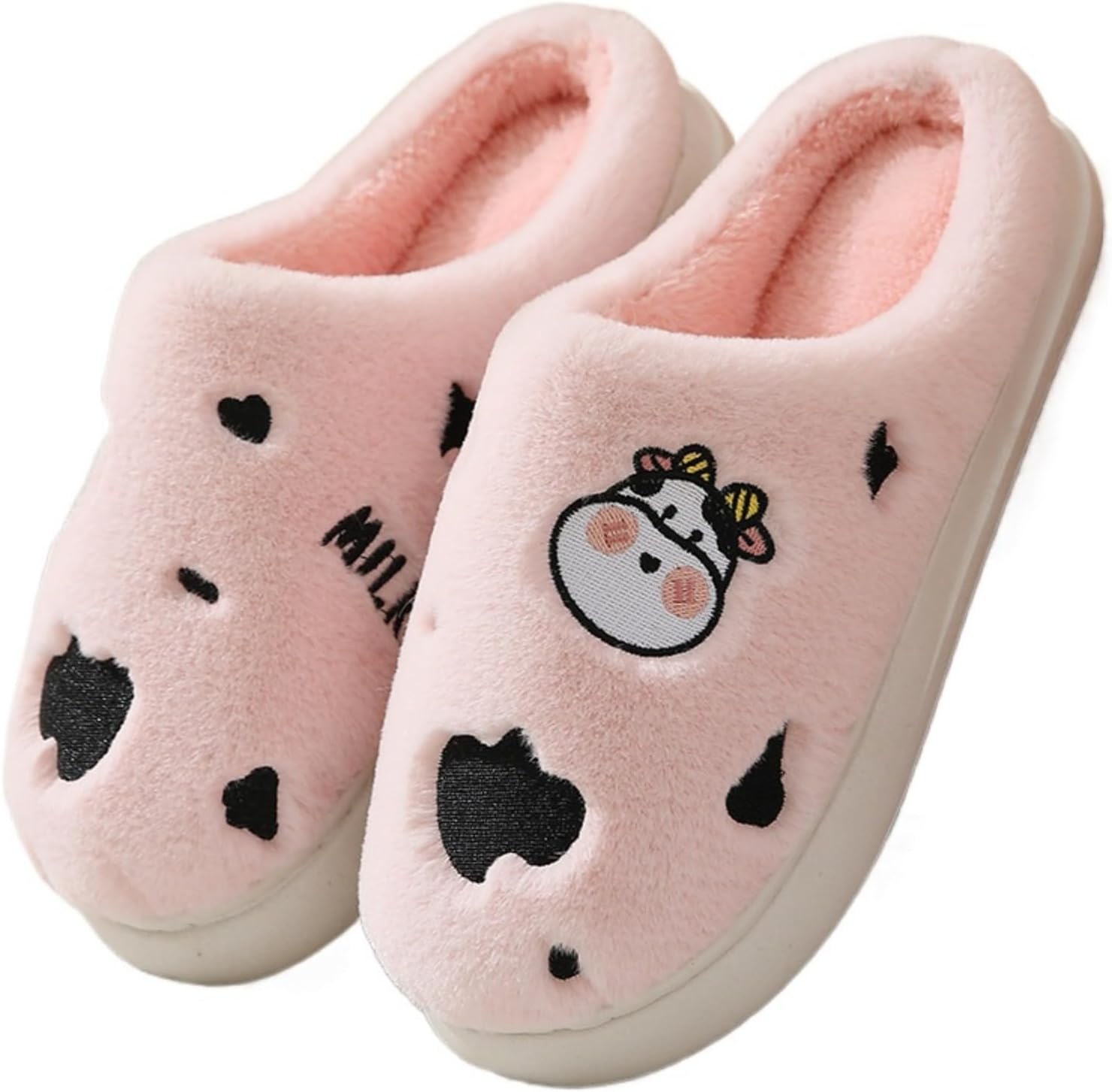 

Домашние тапочки в виде коровы для женщин и мужчин, милые животные, пушистые, мягкие, теплые, для дома и офиса, нескользящие, тихие Elirar, розовый