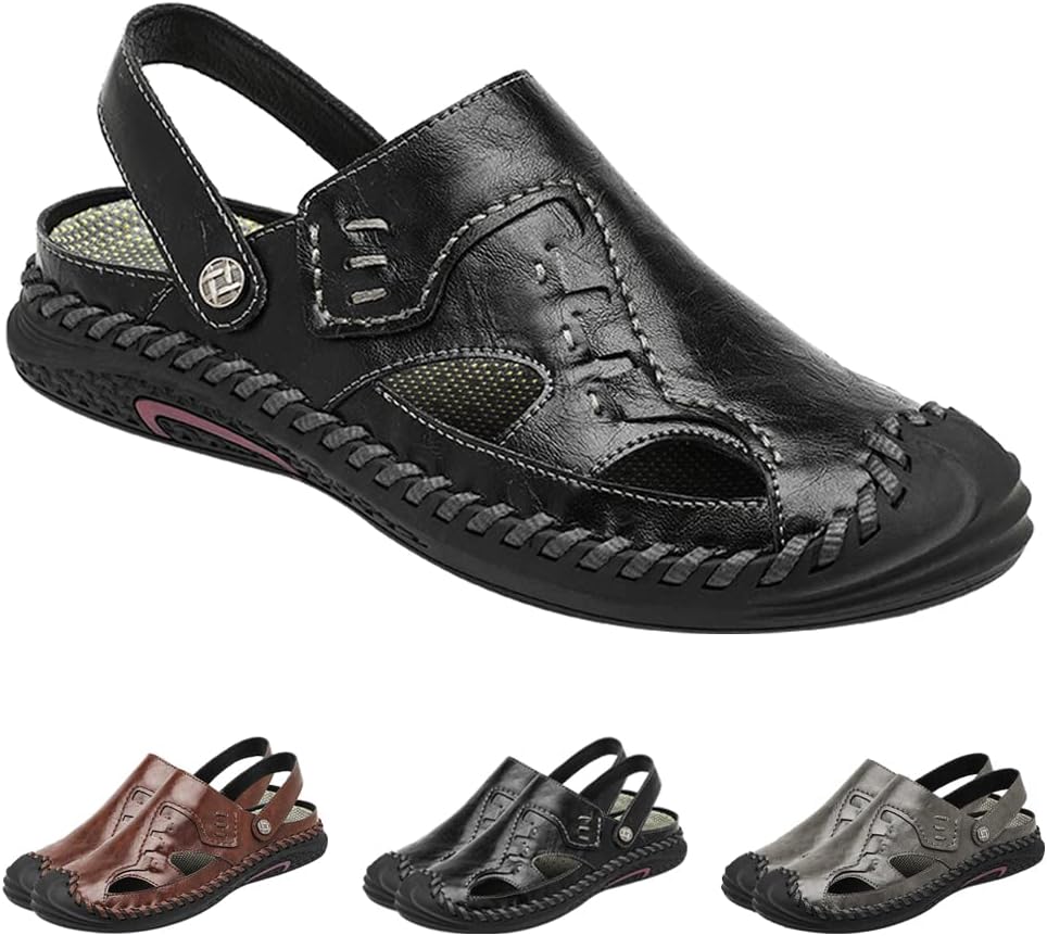 

Мужские кожаные сандалии для походов и вождения, повседневная мода, спортивная обувь, закрытый носок, легкие дышащие сандалии для ходьбы Generic, черный