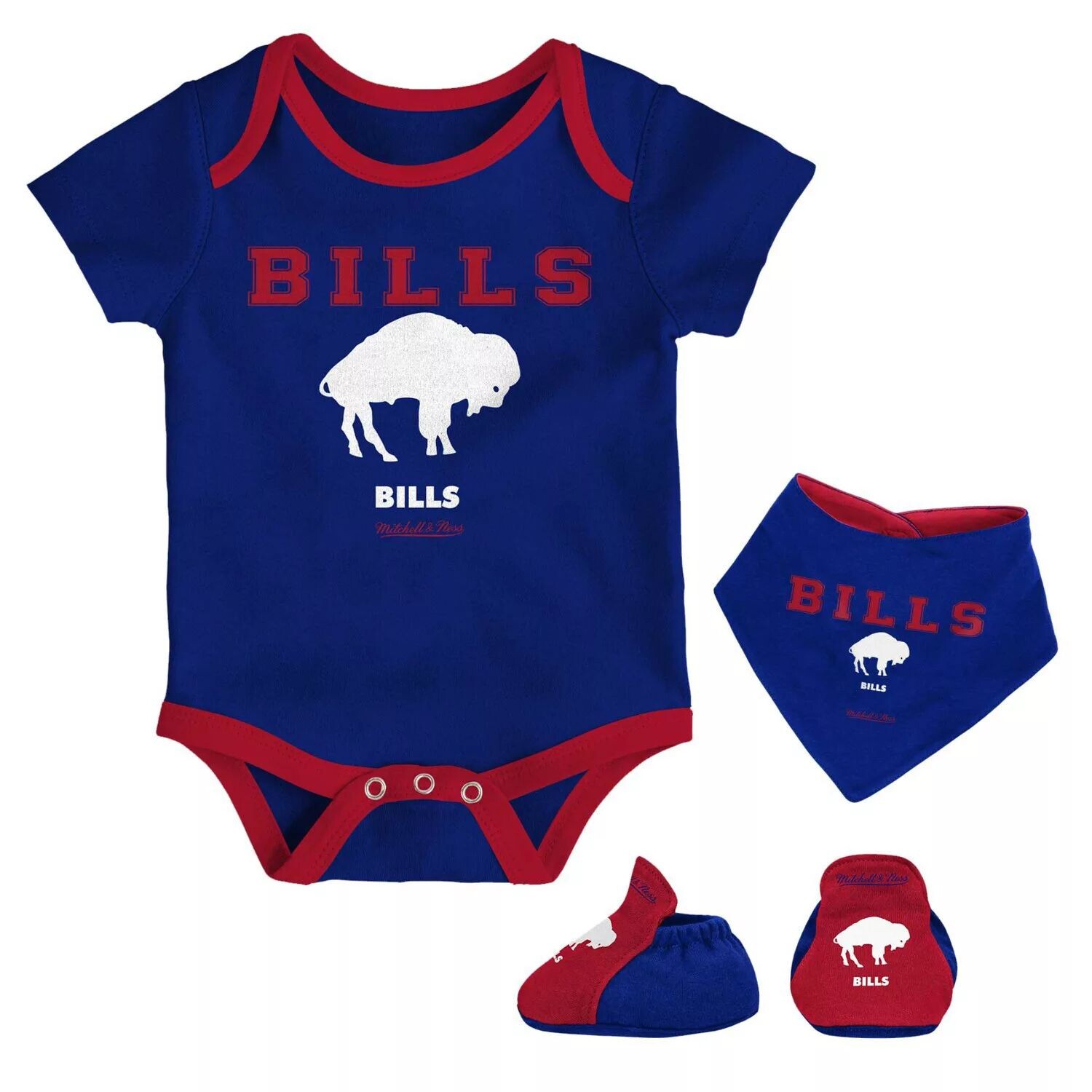 

Для новорожденных и младенцев Mitchell & Ness Royal/Red Buffalo Bills Throwback Боди с нагрудником и пинетками Unbranded