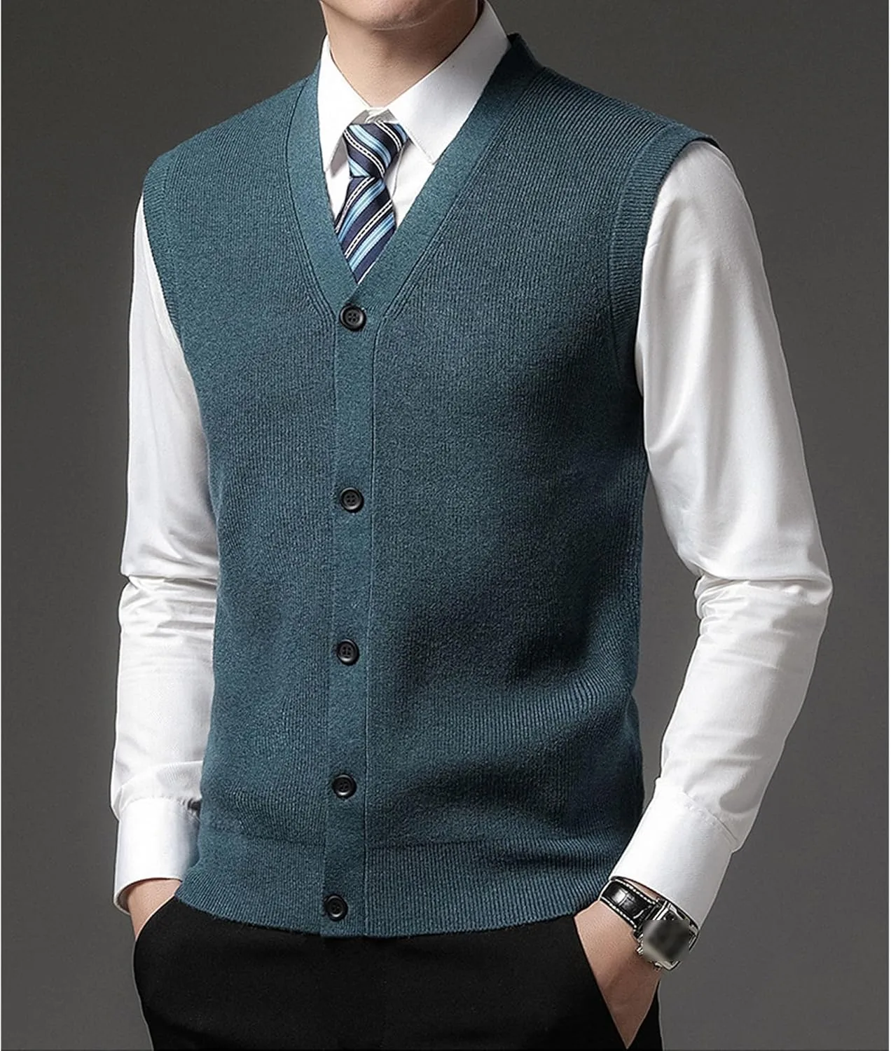 Мужской кардиган-жилет из шерсти Slim Fit вязаный безрукавный пуловер для повседневных комбинаций с пуговицами Generic, Night Orchid 1 — фото 2