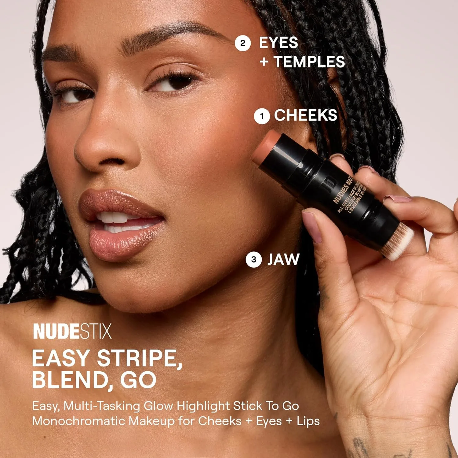 Nudestix Nudies Bronze All Over Matte Bronzing Stick - кремовый бронзер 3-в-1 для щек, глаз и губ со встроенной кистью | Естественный контур и эффект загара, Sunkissed Cool — фото 3