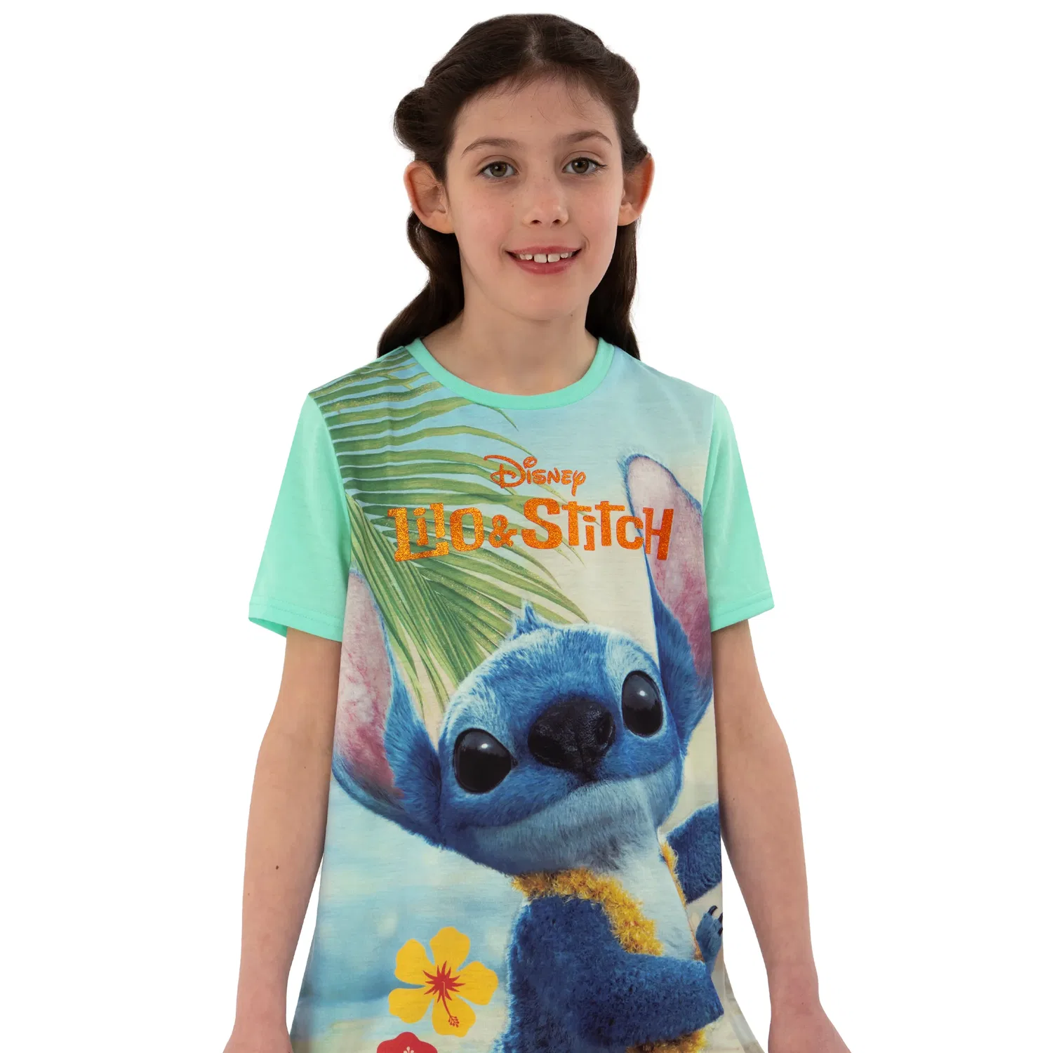 Ночная рубашка девичья с принтом Stitch Disney, зеленый — фото 3