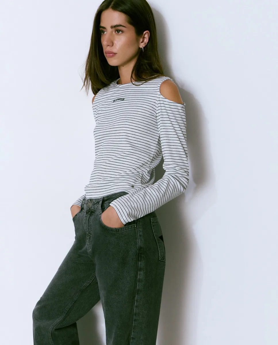 

Женская футболка с длинным рукавом, с логотипом и открытыми плечами Brownie, белый