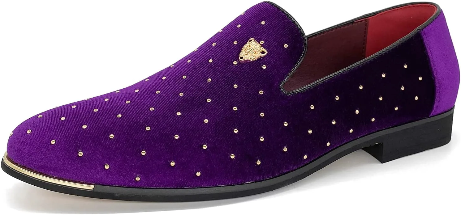 

Мужские туфли CMM с острым носком и заклепками, блестящие, современный металлический стиль, лоферы без шнурков, большие размеры, фиолетовый