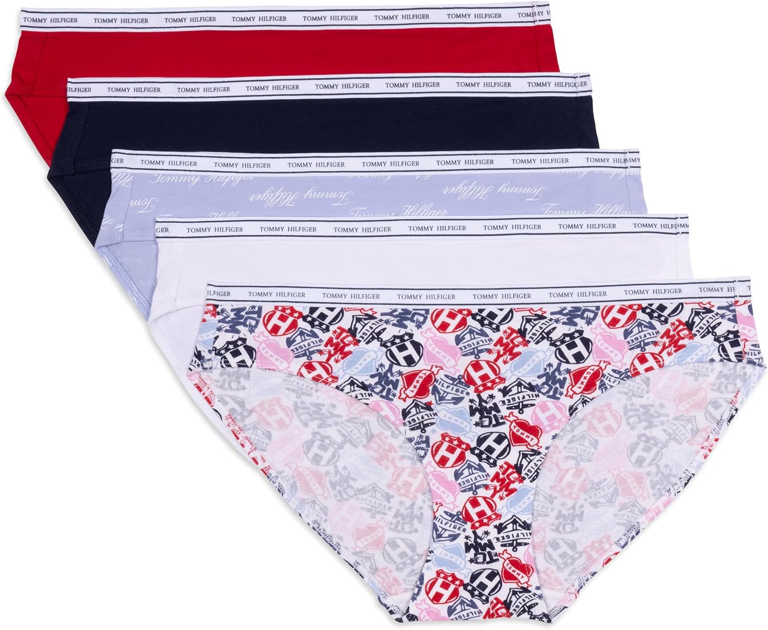 

Женское классическое хлопковое бикини-белье Tommy Hilfiger с логотипом на поясе, упаковка 5 пар, Tattoo Elements Bright White/Bright White/Brunerra Blue Th Calligraphy/Heather Grey/Apple Red