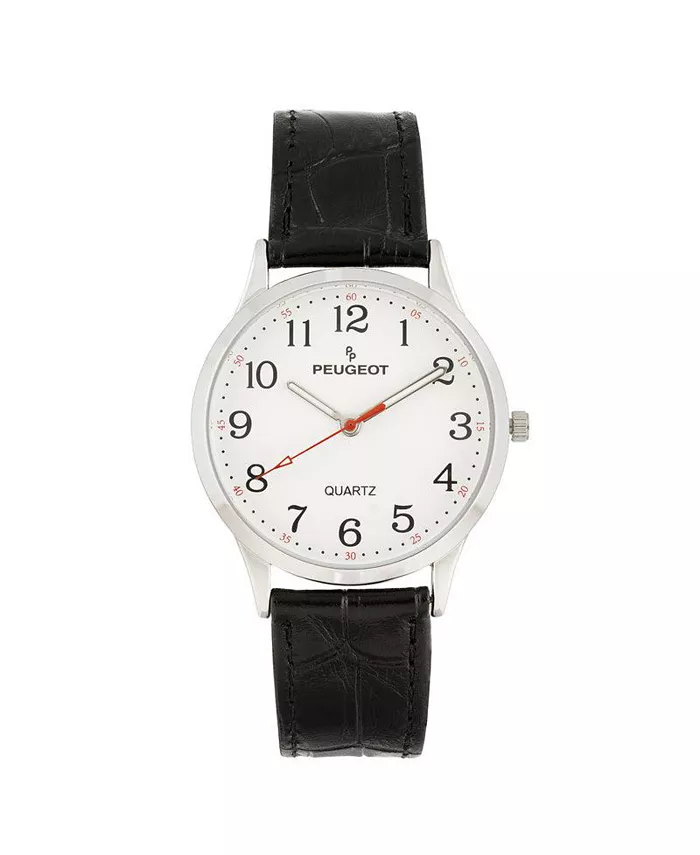 

Женские часы с крупным циферблатом 40 мм, арабскими цифрами и кожаным ремешком Peugeot