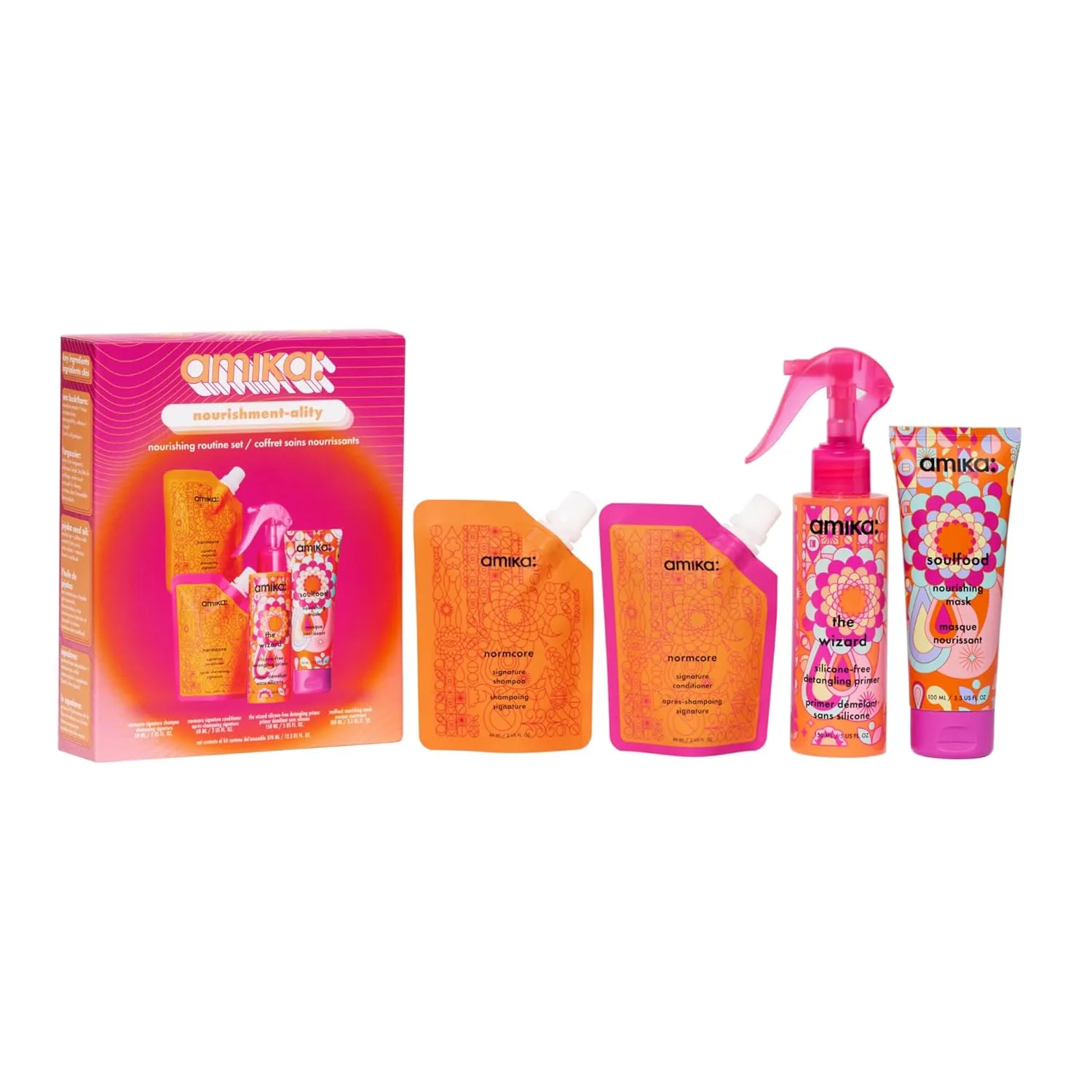 Набор для ухода за волосами amika nourishment-ality nourishing routine set | Подарочный набор для мягких волос, одобрен для путешествий по правилам TSA.