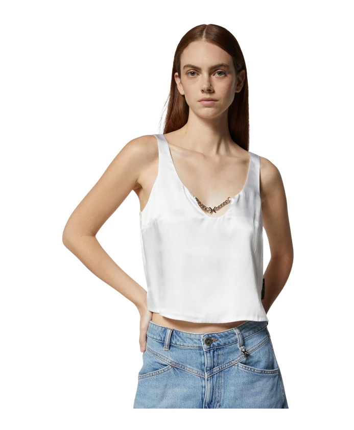 

Белая атласная блузка с V-образным вырезом и декоративными деталями. Richmond, белый