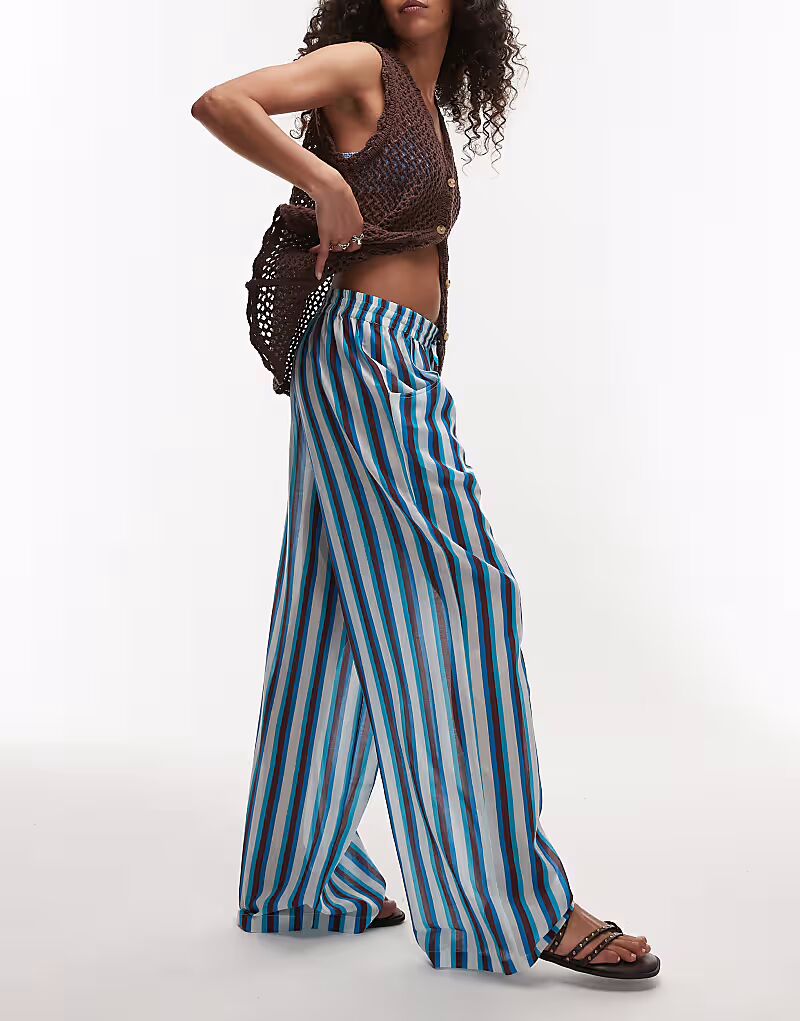 

Брюки Topshop Beach Stripe с завязкой на талии, вуаль, без застежек, бирюзового цвета