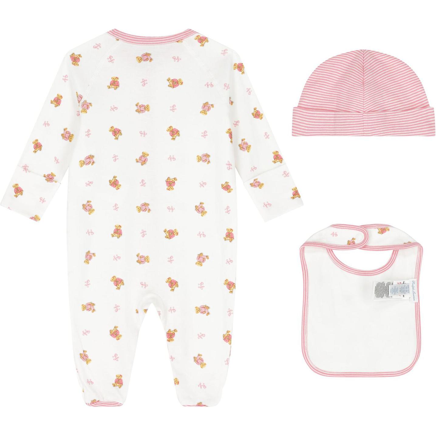 Комбинезон для младенцев и малышей Infant And Toddler Polo Ralph Lauren, set (белый jumpsuit+белый bib+розовый hat) — фото 3