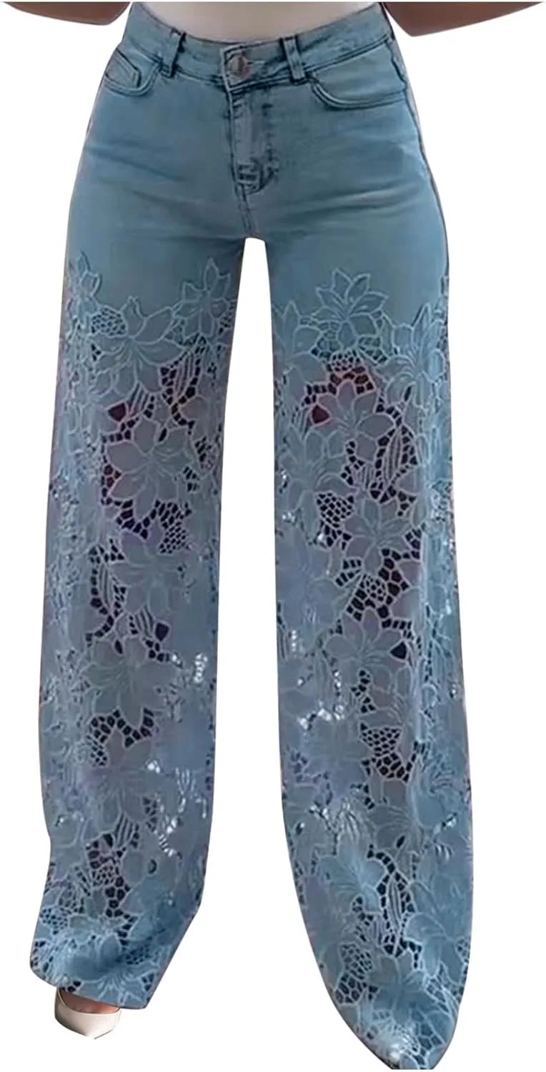 Женские джинсы с кружевной аппликацией high waisted straight wide leg