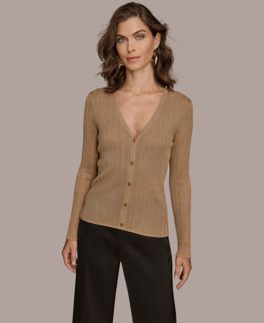 

Женский оригинальный кардиган с длинными рукавами и V-образным вырезом Donna Karan New York, Gold