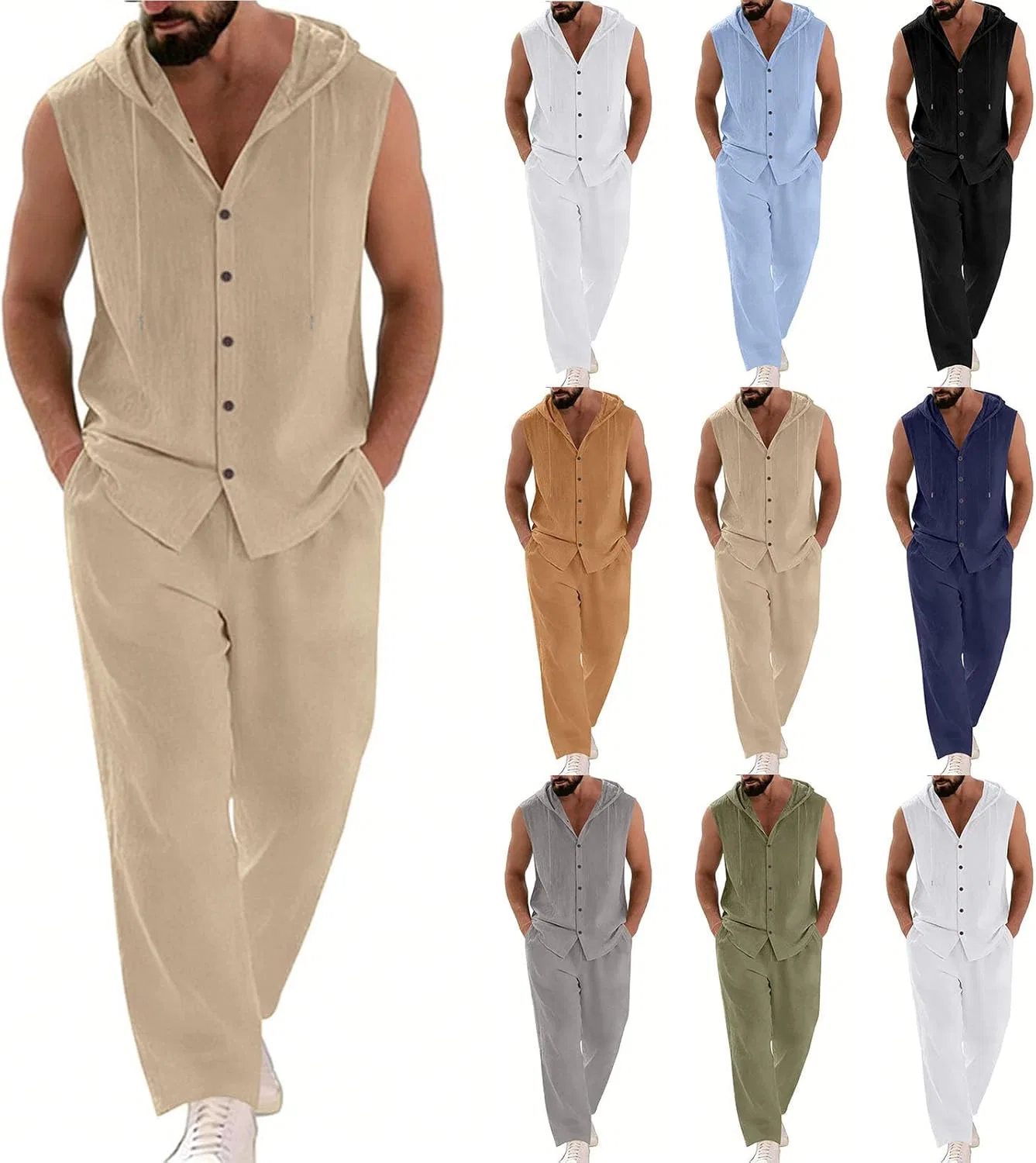 Мужской спортивный костюм из 2 предметов, безрукавка и штаны, Khaki