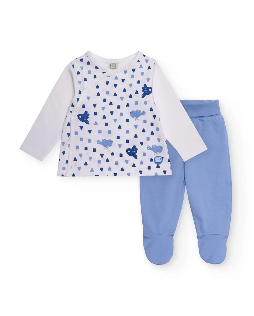 

Комплект для малыша белого и голубого цвета с принтом маленьких птичек Tuc tuc